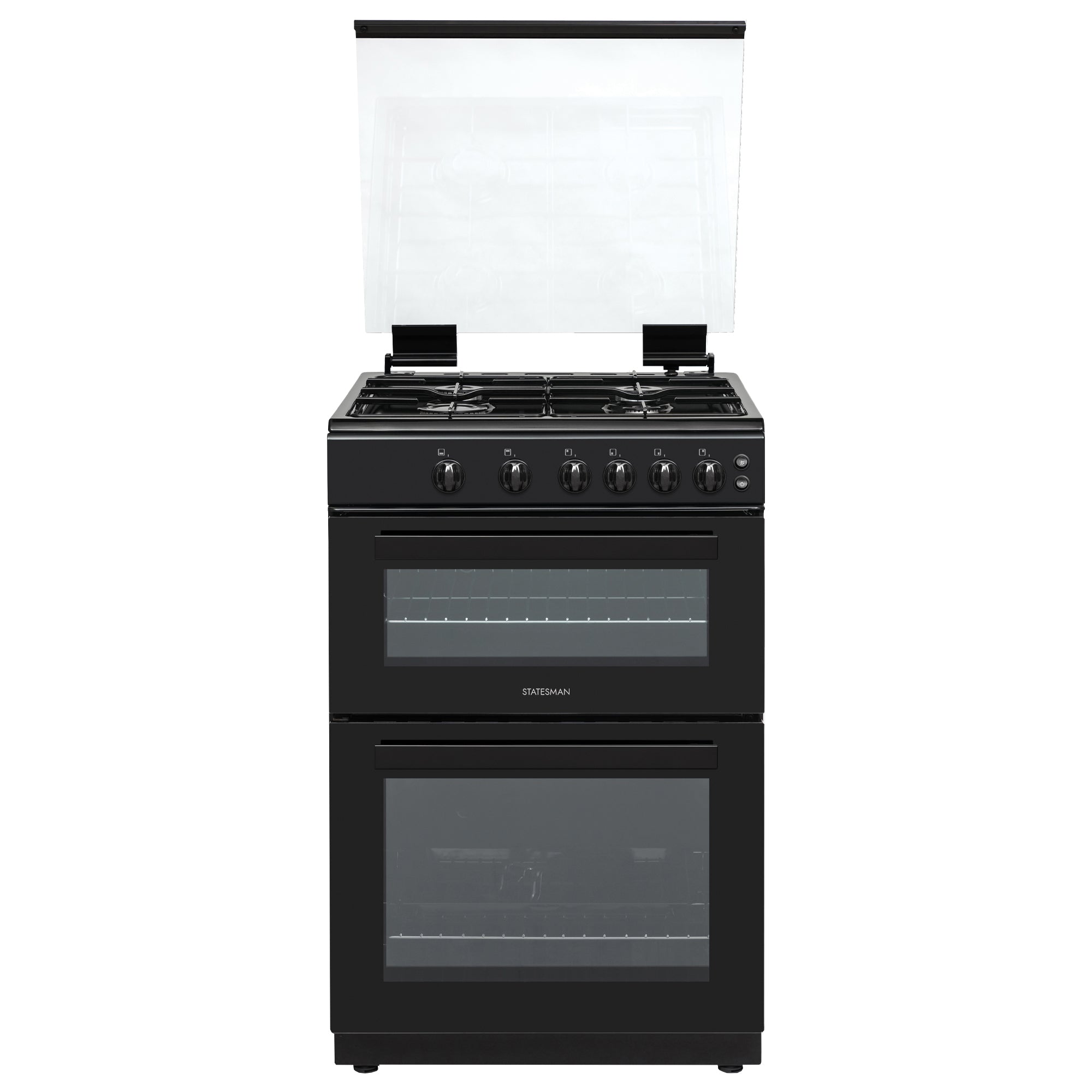 Glass Lid Double Oven Gas Cooker, 4 Gas Burners, 60cm Wide, Black