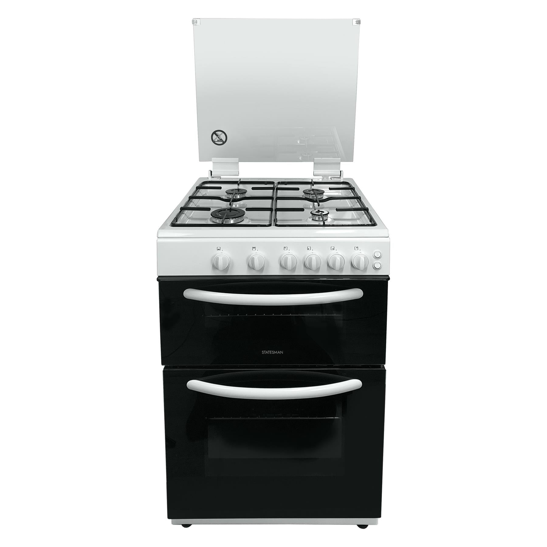 Glass Lid Twin Cavity Gas Cooker, 4 Gas Burners, 60cm Wide, White