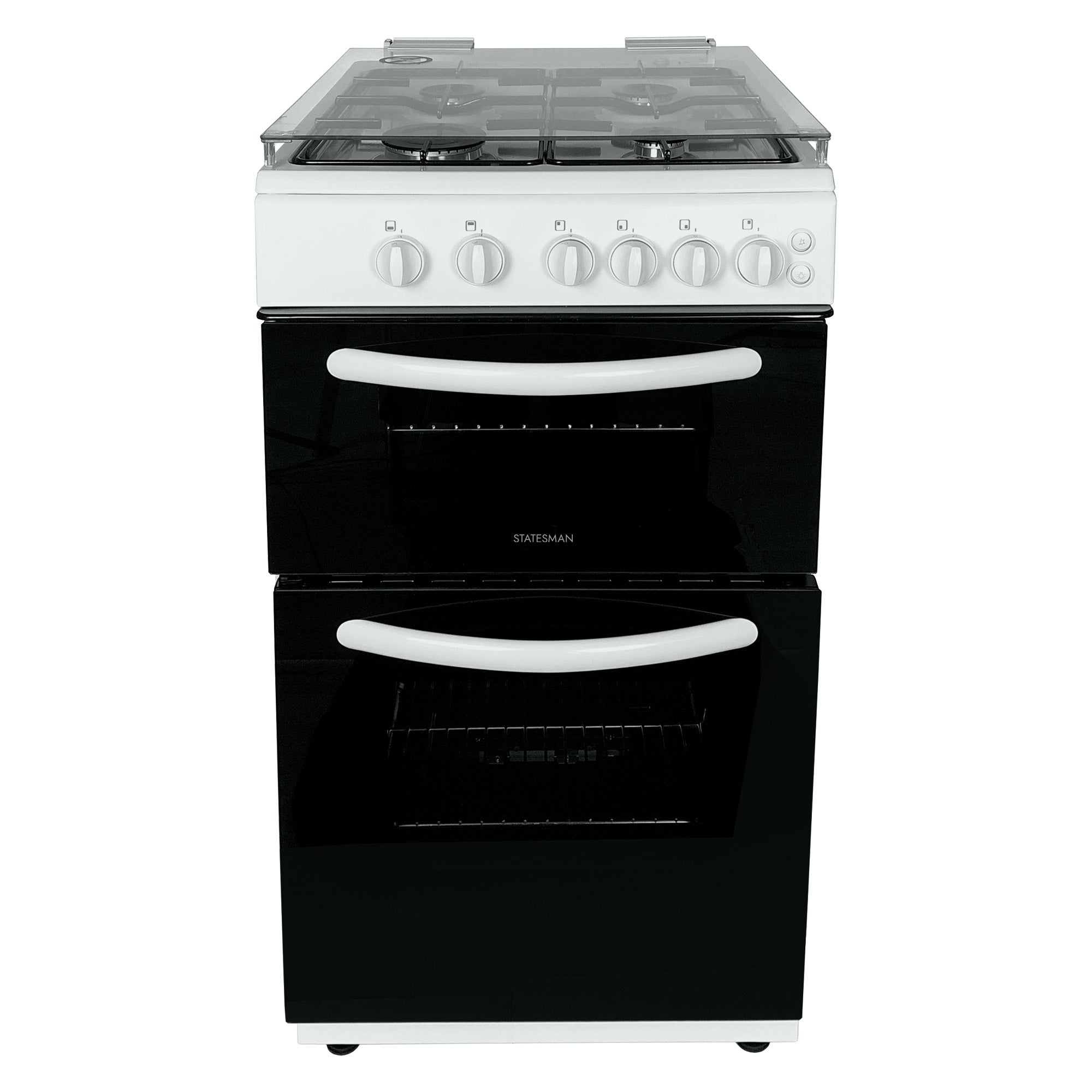 Glass Lid Twin Cavity Gas Cooker, 4 Gas Burners, 50cm Wide, White