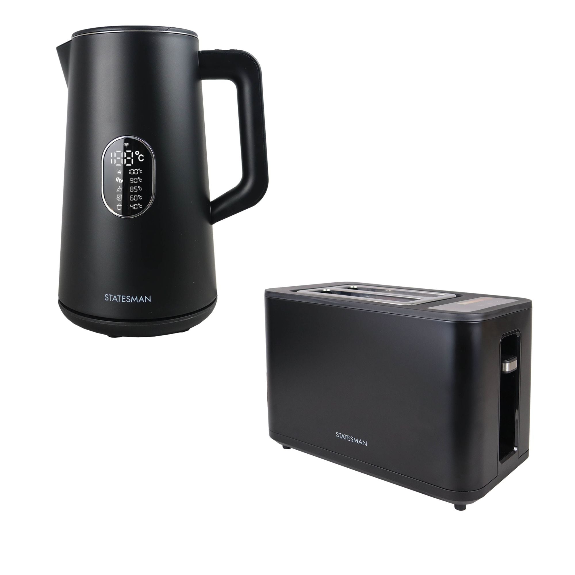 A matte black electric kettle with temperature settings and a matching two-slot toaster, both with the brand name Statesman, on a white background.