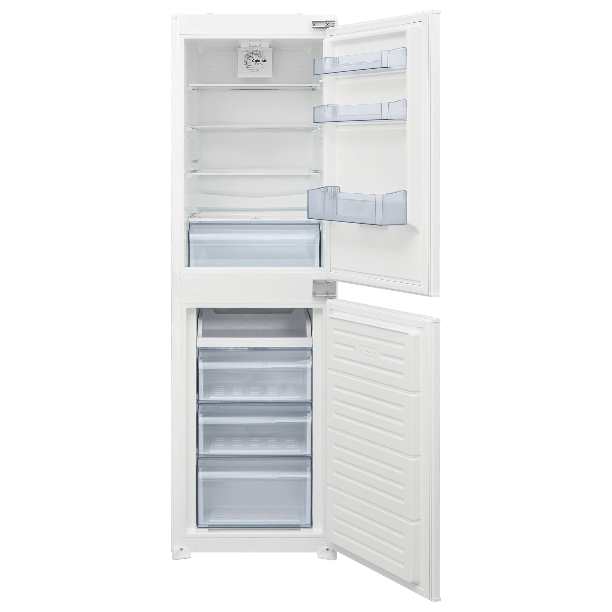 A white top-freezer refrigerator with both doors open, showing the interior shelves, door bins, lower crisper, and freezer drawer compartments against a plain white background.
