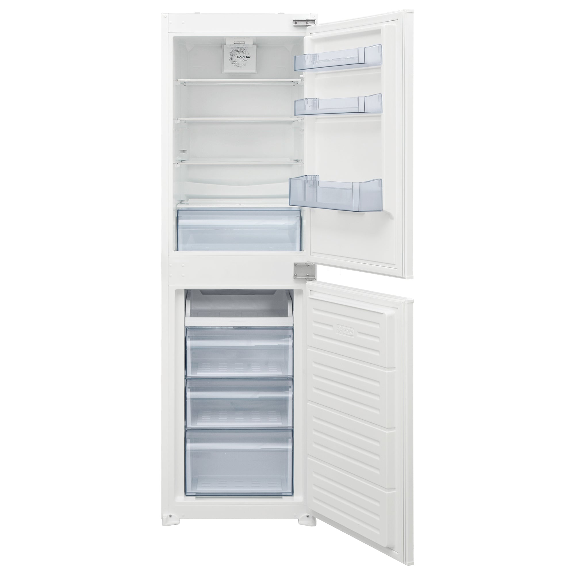 A white top-freezer refrigerator with both doors open, showing the interior shelves, door bins, lower crisper, and freezer drawer compartments against a plain white background.