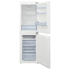 A white top-freezer refrigerator with both doors open, showing the interior shelves, door bins, lower crisper, and freezer drawer compartments against a plain white background.