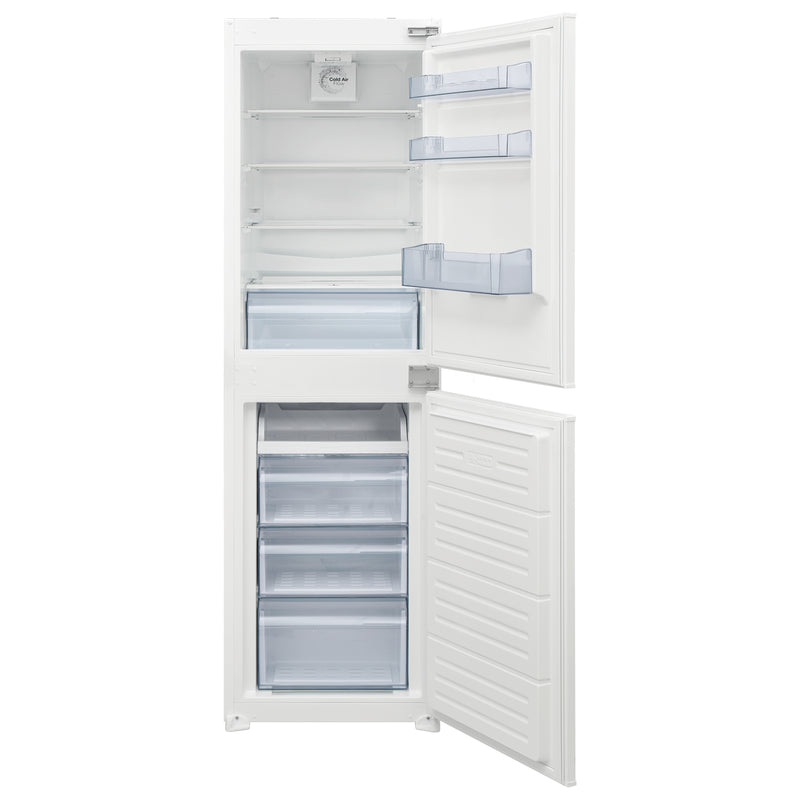 A white top-freezer refrigerator with both doors open, showing the interior shelves, door bins, lower crisper, and freezer drawer compartments against a plain white background.