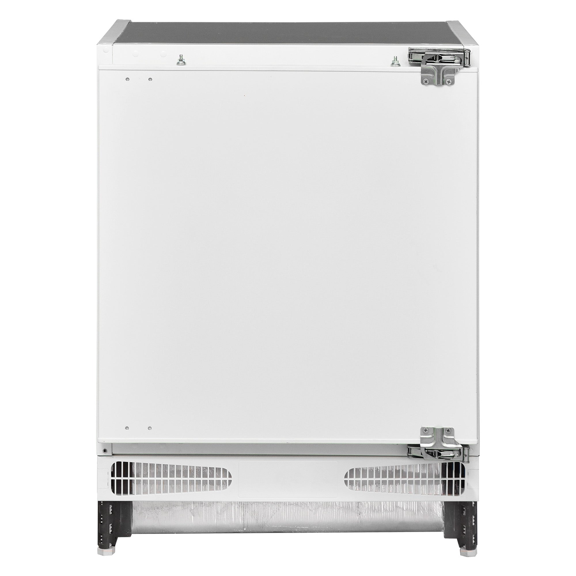 A front-facing view of the Statesman 114L Integrated Under Counter Fridge with Ice Box—D rated, quiet at 37dB, reversible door, adjustable shelves, and a sleek white design—ideal for modern fitted kitchens seeking style and efficiency.