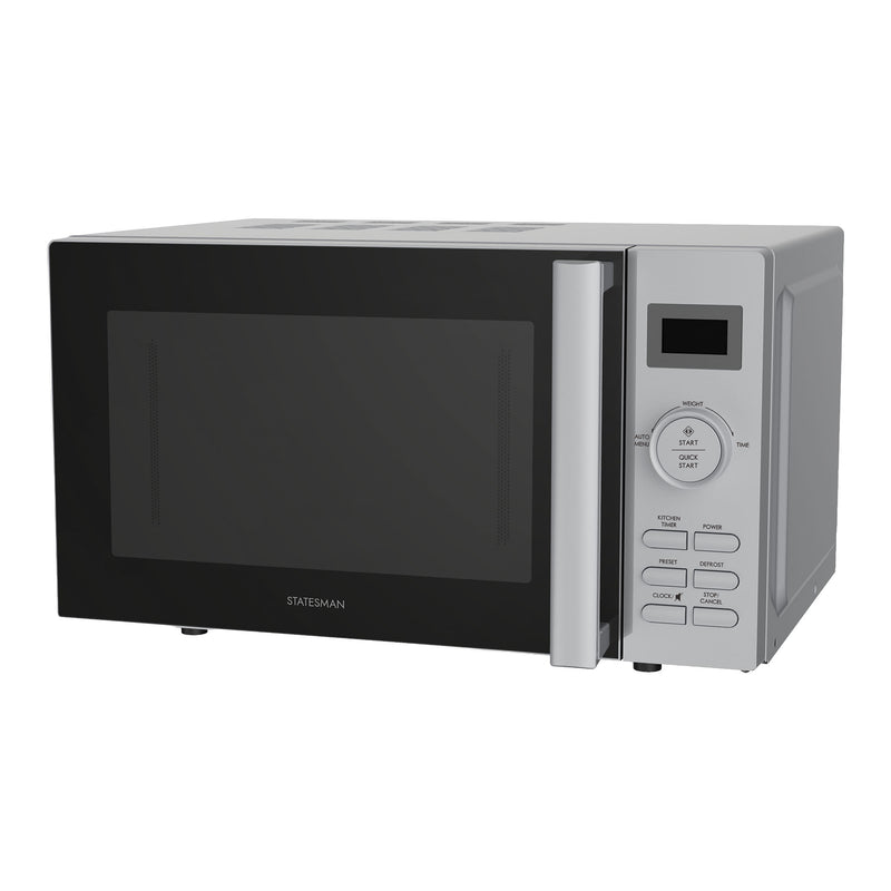 The Statesman Digital Microwave, 20 Litre 800W in silver features a digital display, multiple buttons, large right dial, and logo at the bottom. It offers convenient auto cooking programs.