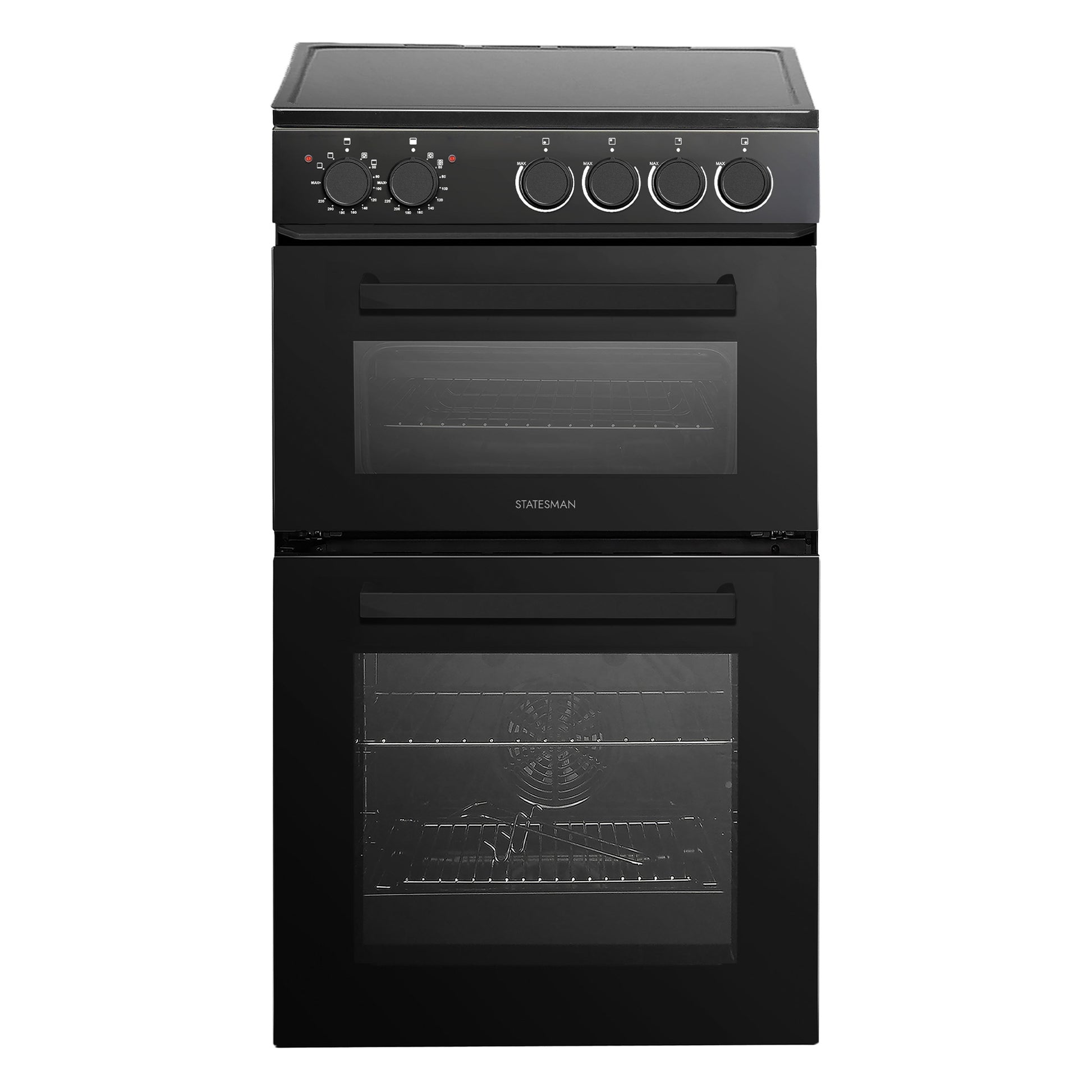 The Statesman Double Oven Electric Cooker features a black freestanding design, ceramic hob with 4 zones, two clear oven doors, front panel with four control knobs and two dials—perfect for busy family kitchens.
