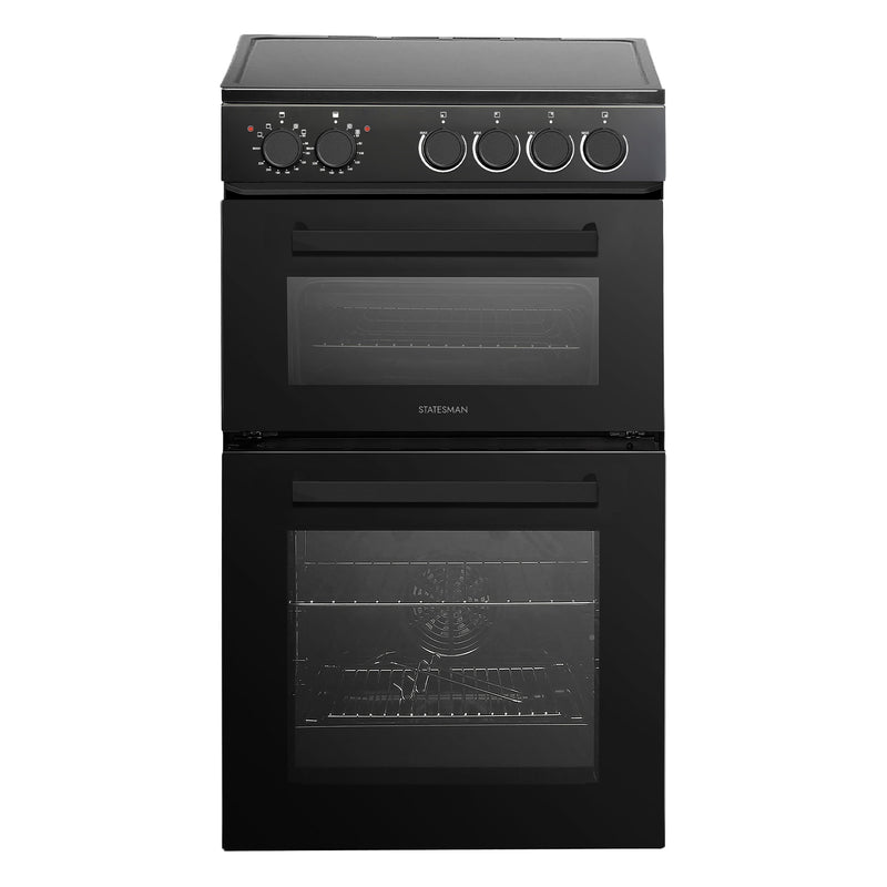 The Statesman Double Oven Electric Cooker features a black freestanding design, ceramic hob with 4 zones, two clear oven doors, front panel with four control knobs and two dials—perfect for busy family kitchens.