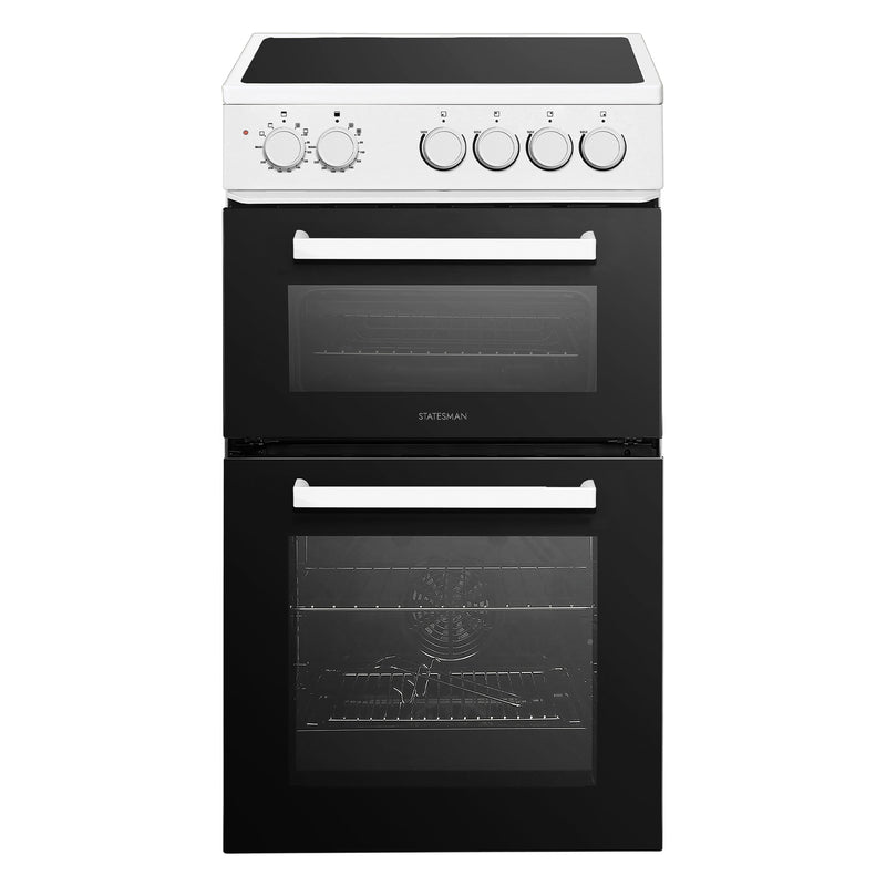 The Statesman Double Oven Electric Cooker, 50cm wide, features a stylish black and white finish, ceramic hob with 4 zones and top-mounted control knobs, plus two easy-access doors on its electric double oven.