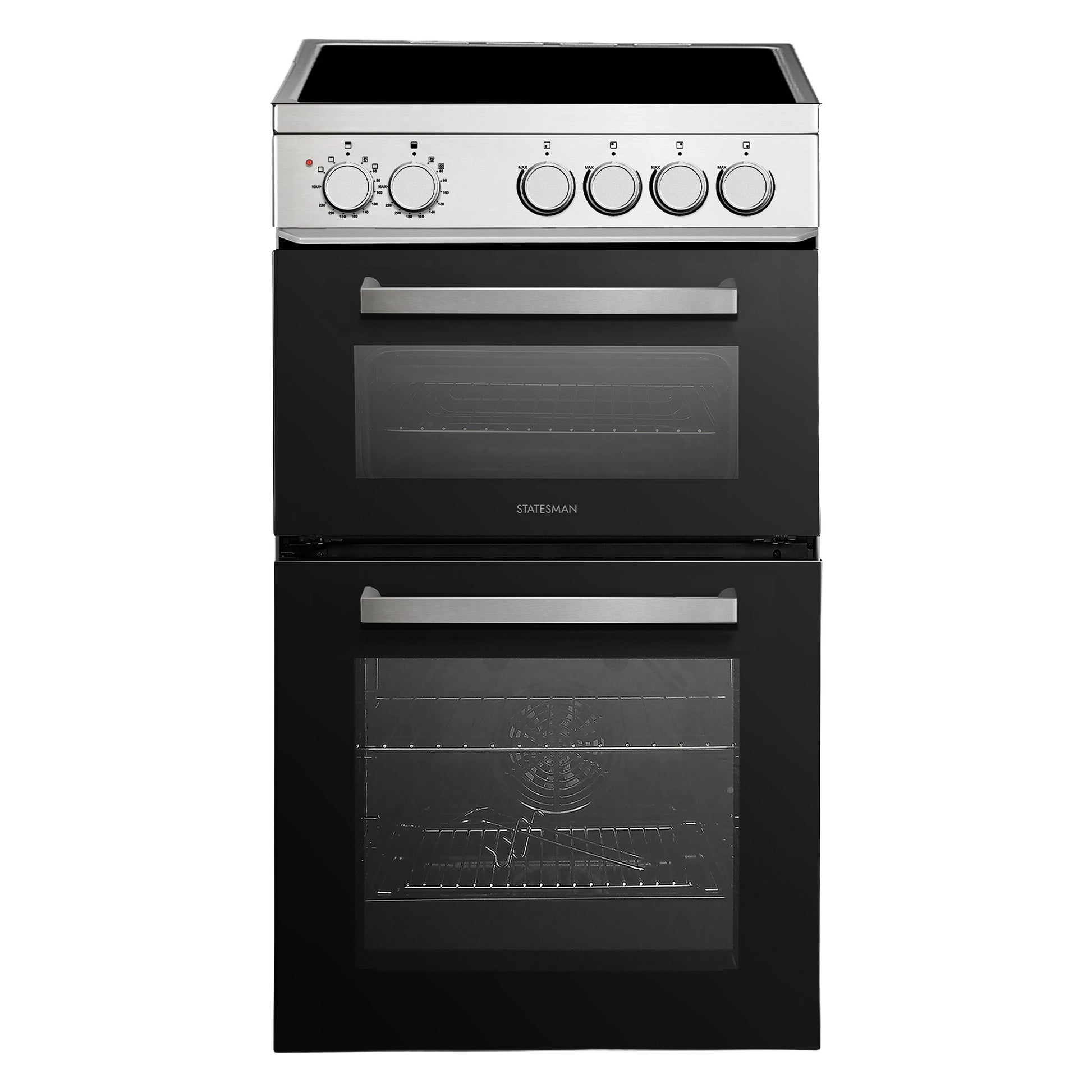 The Statesman Double Oven Electric Cooker features 4 zones, a ceramic hob, black and stainless steel design, two glass-fronted oven doors, four control knobs, and is 50cm wide. The brand name appears on the top oven door.