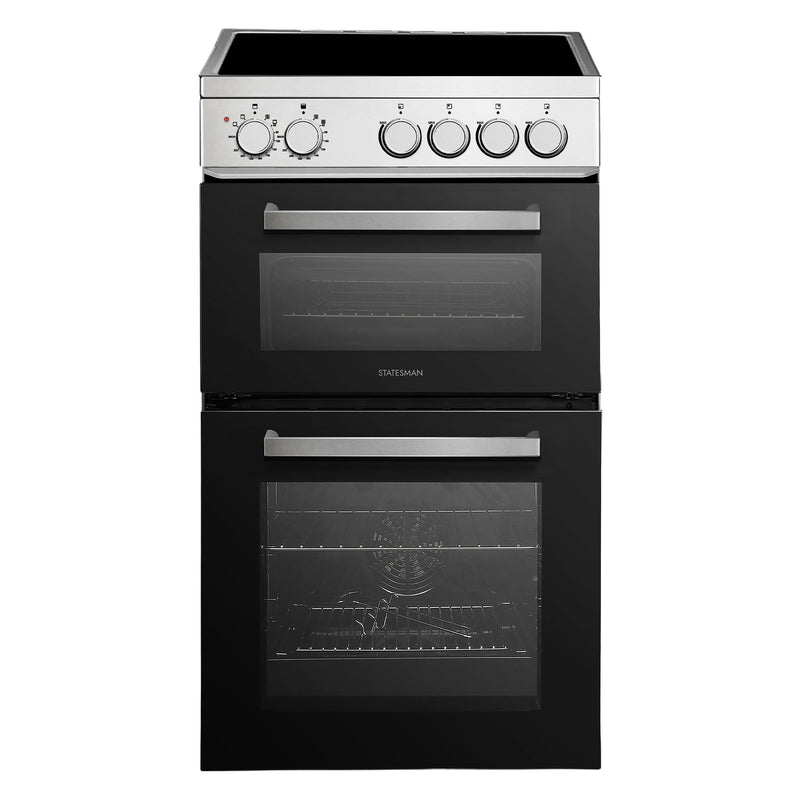 The Statesman Double Oven Electric Cooker features 4 zones, a ceramic hob, black and stainless steel design, two glass-fronted oven doors, four control knobs, and is 50cm wide. The brand name appears on the top oven door.