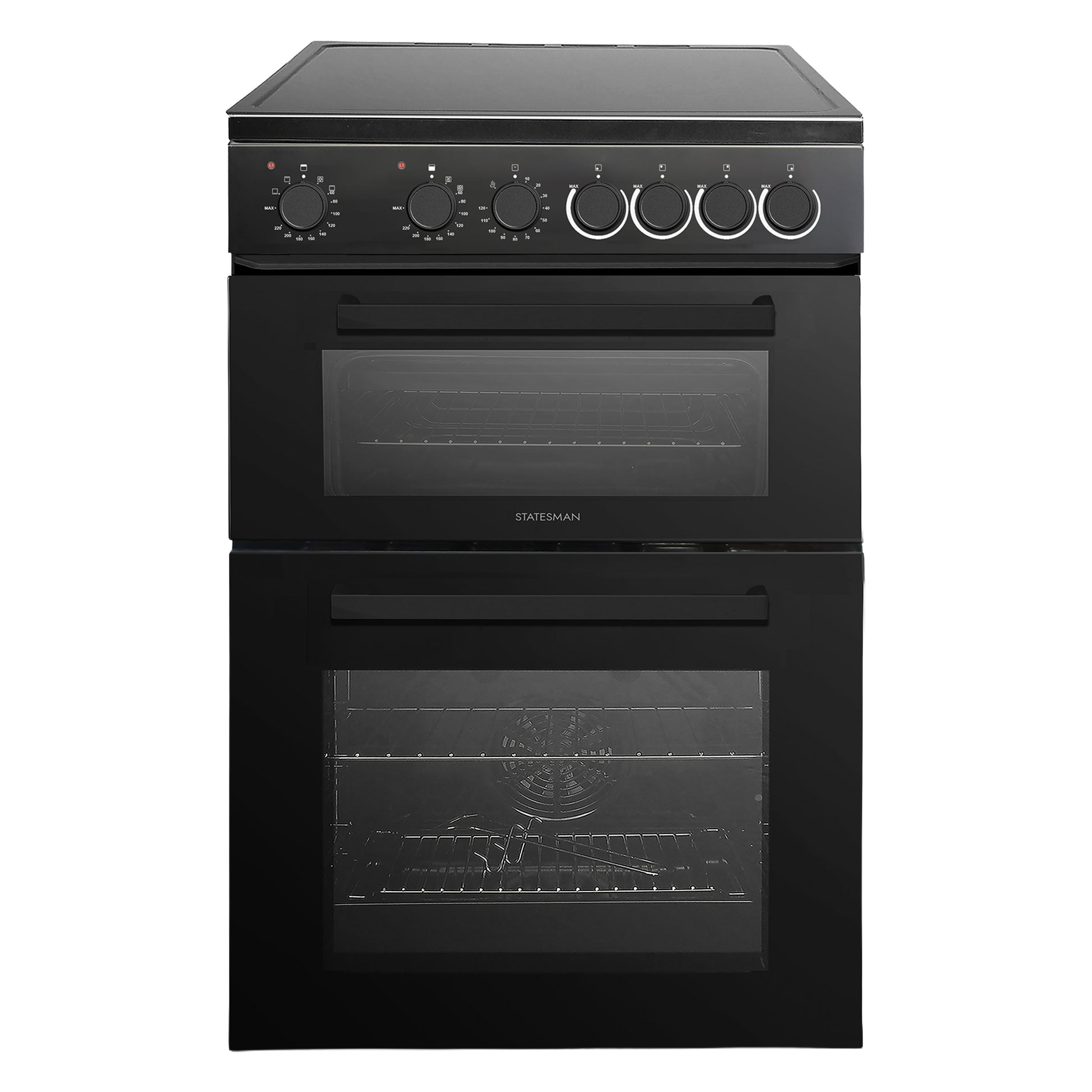 The Statesman Double Oven Electric Cooker, 60cm wide, features 4 ceramic hob zones, two vertically stacked glass-fronted ovens—including a fan-assisted oven—and six control knobs. The upper oven displays the Statesman brand name in black.