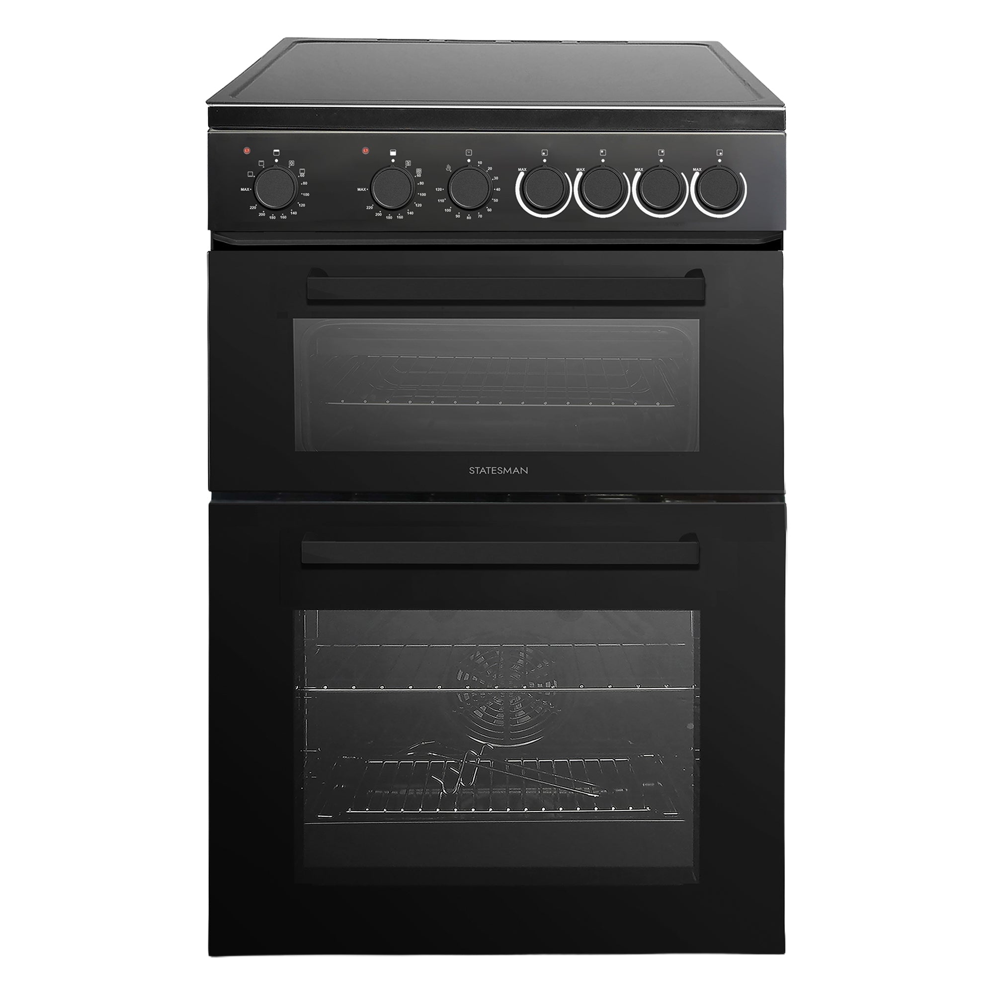 The Statesman Double Oven Electric Cooker, 60cm wide, features 4 ceramic hob zones, two vertically stacked glass-fronted ovens—including a fan-assisted oven—and six control knobs. The upper oven displays the Statesman brand name in black.