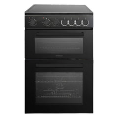 The Statesman Double Oven Electric Cooker, 60cm wide, features 4 ceramic hob zones, two vertically stacked glass-fronted ovens—including a fan-assisted oven—and six control knobs. The upper oven displays the Statesman brand name in black.