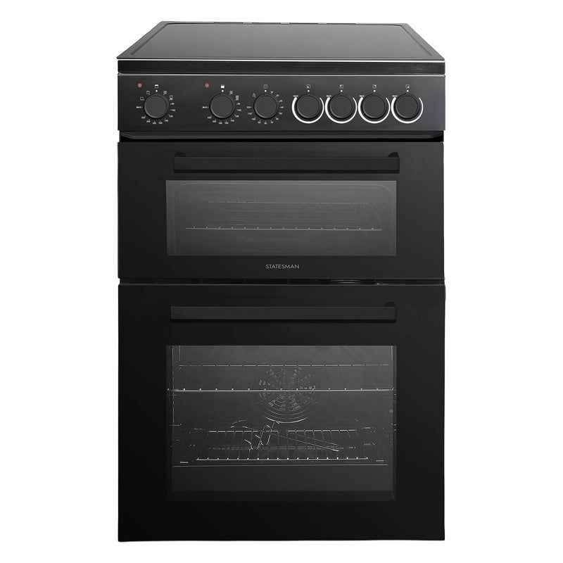 The Statesman Double Oven Electric Cooker, 60cm wide, features 4 ceramic hob zones, two vertically stacked glass-fronted ovens—including a fan-assisted oven—and six control knobs. The upper oven displays the Statesman brand name in black.