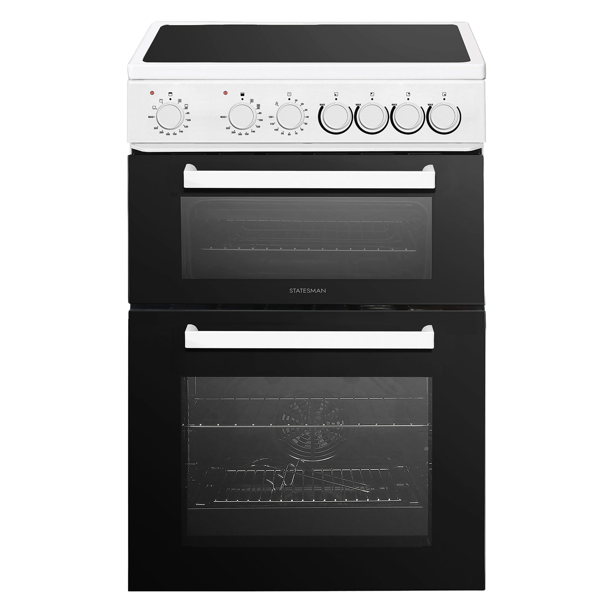 The Statesman Double Oven Electric Cooker features a black and white finish, 60cm width, ceramic hob with 4 zones, control knobs, and two vertically stacked oven compartments—one fan-assisted—with horizontal handles.