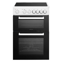 The Statesman Double Oven Electric Cooker features a black and white finish, 60cm width, ceramic hob with 4 zones, control knobs, and two vertically stacked oven compartments—one fan-assisted—with horizontal handles.