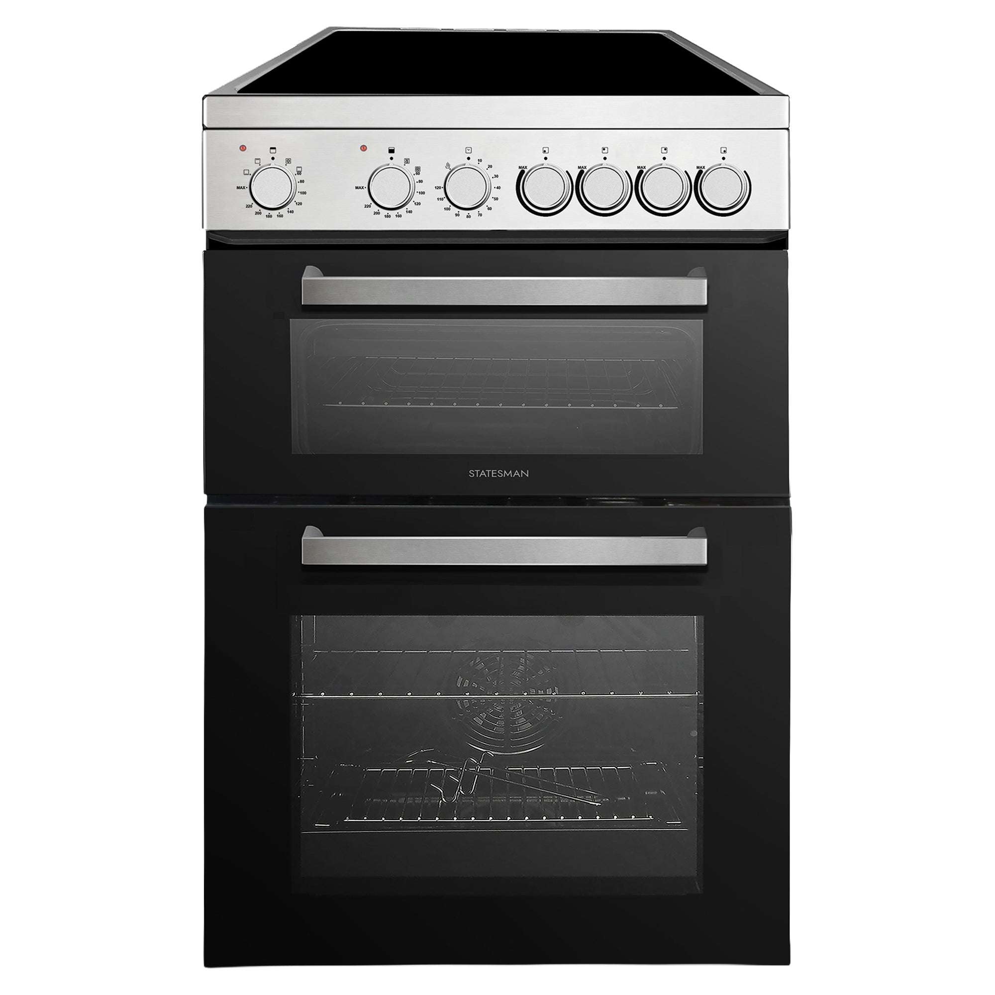 The Statesman Double Oven Electric Cooker features a 60cm width, four zones, two glass-front ovens—including a fan-assisted oven—and seven top control knobs, all in a black and stainless steel freestanding design.