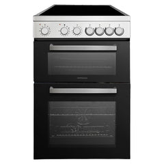The Statesman Double Oven Electric Cooker features a 60cm width, four zones, two glass-front ovens—including a fan-assisted oven—and seven top control knobs, all in a black and stainless steel freestanding design.