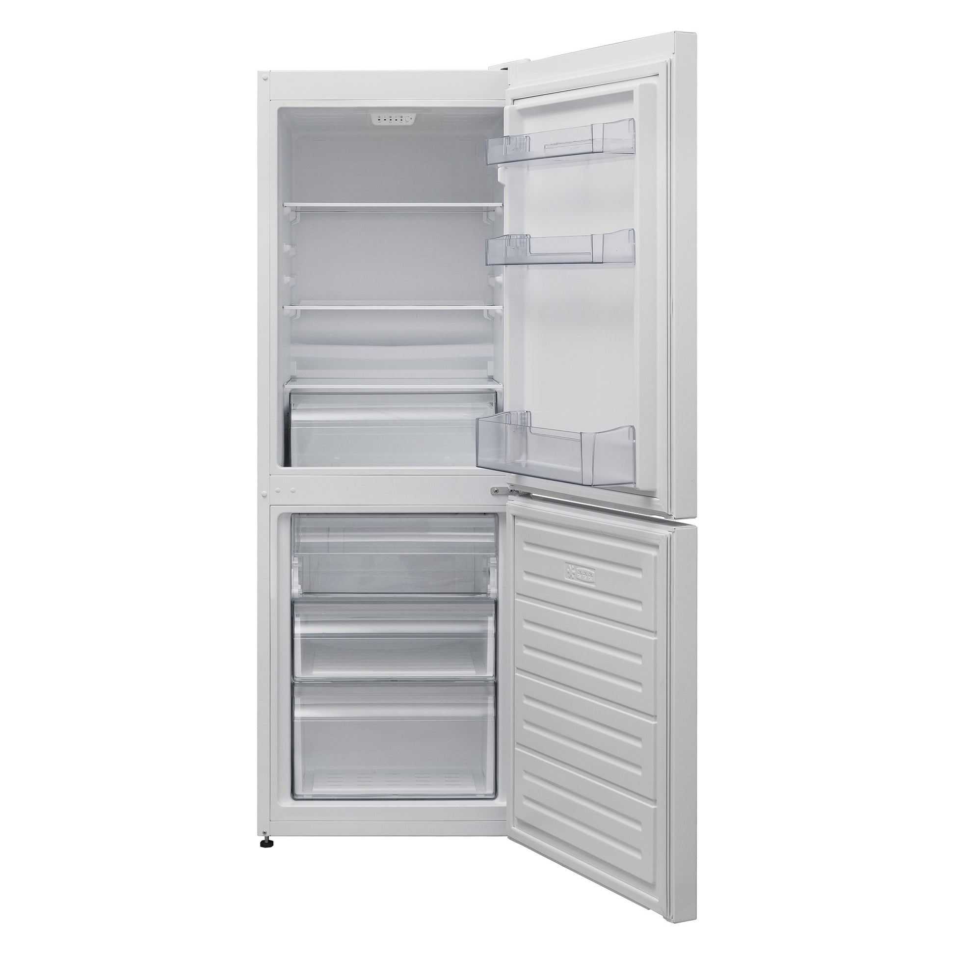 A white Statesman Appliances 50/50 Fridge Freezer (152cm) is shown with both doors open, displaying empty shelves, drawers, and door compartments in the frost free fridge and freezer sections.