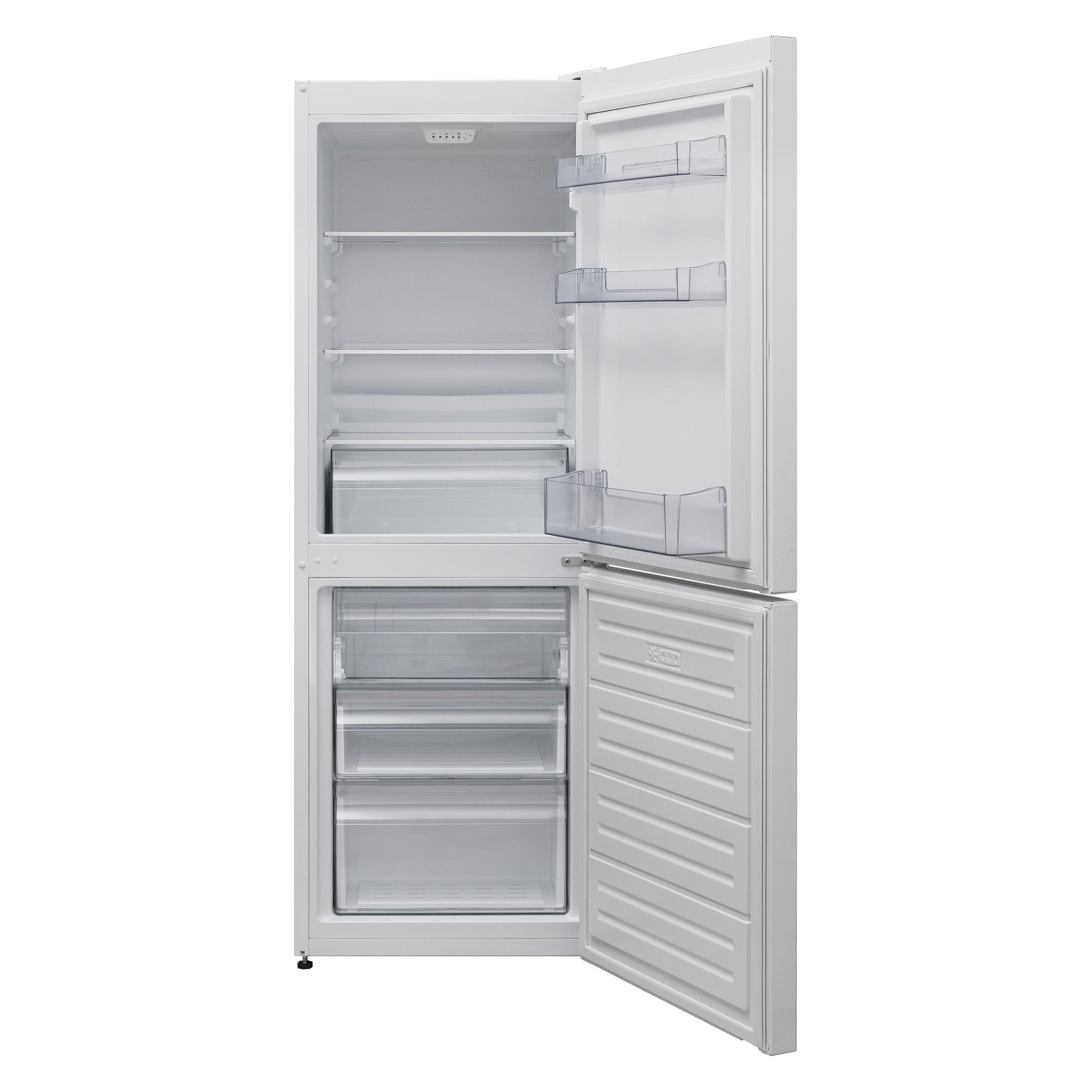 A white Statesman Appliances 50/50 Fridge Freezer (152cm) is shown with both doors open, displaying empty shelves, drawers, and door compartments in the frost free fridge and freezer sections.