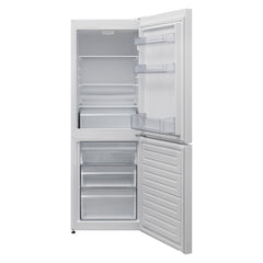 A white Statesman Appliances 50/50 Fridge Freezer (152cm) is shown with both doors open, displaying empty shelves, drawers, and door compartments in the frost free fridge and freezer sections.