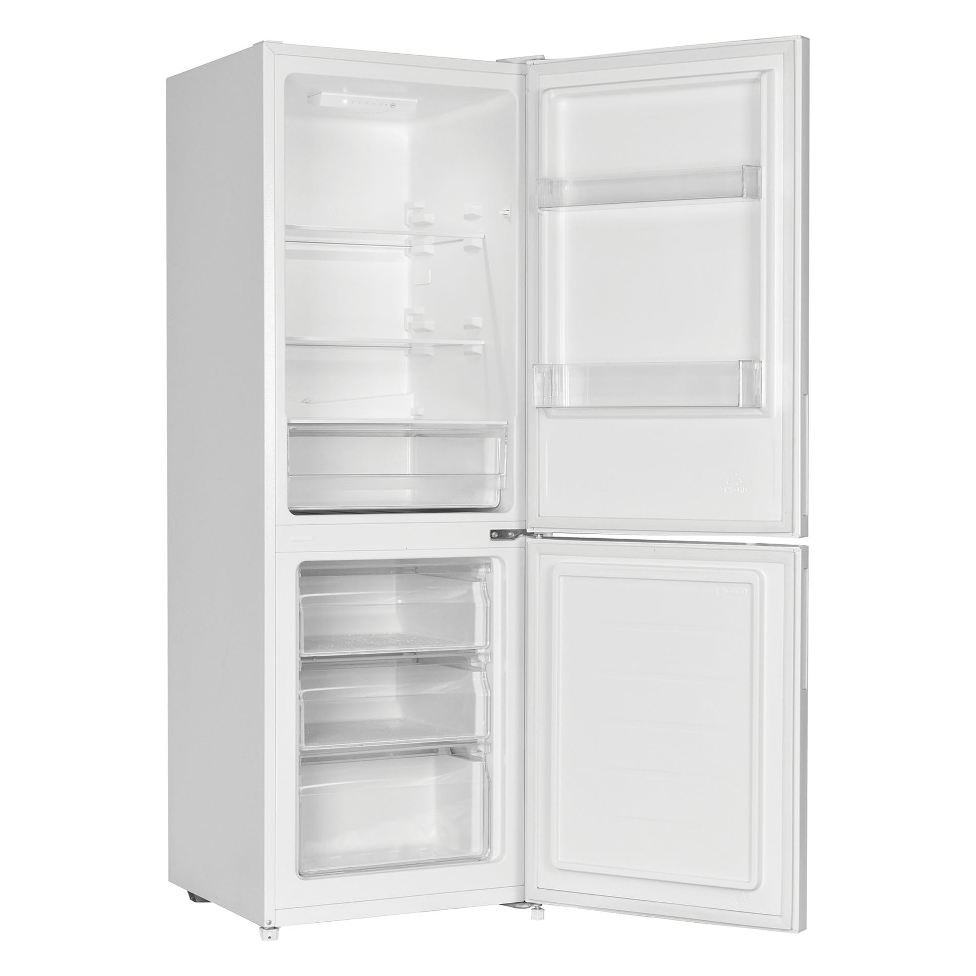 The Statesman v60/40 Low Frost Fridge Freezer from Statesman Appliances is shown in white with its doors open, revealing empty shelves and compartments in both the refrigerator and 4-star freezer sections.