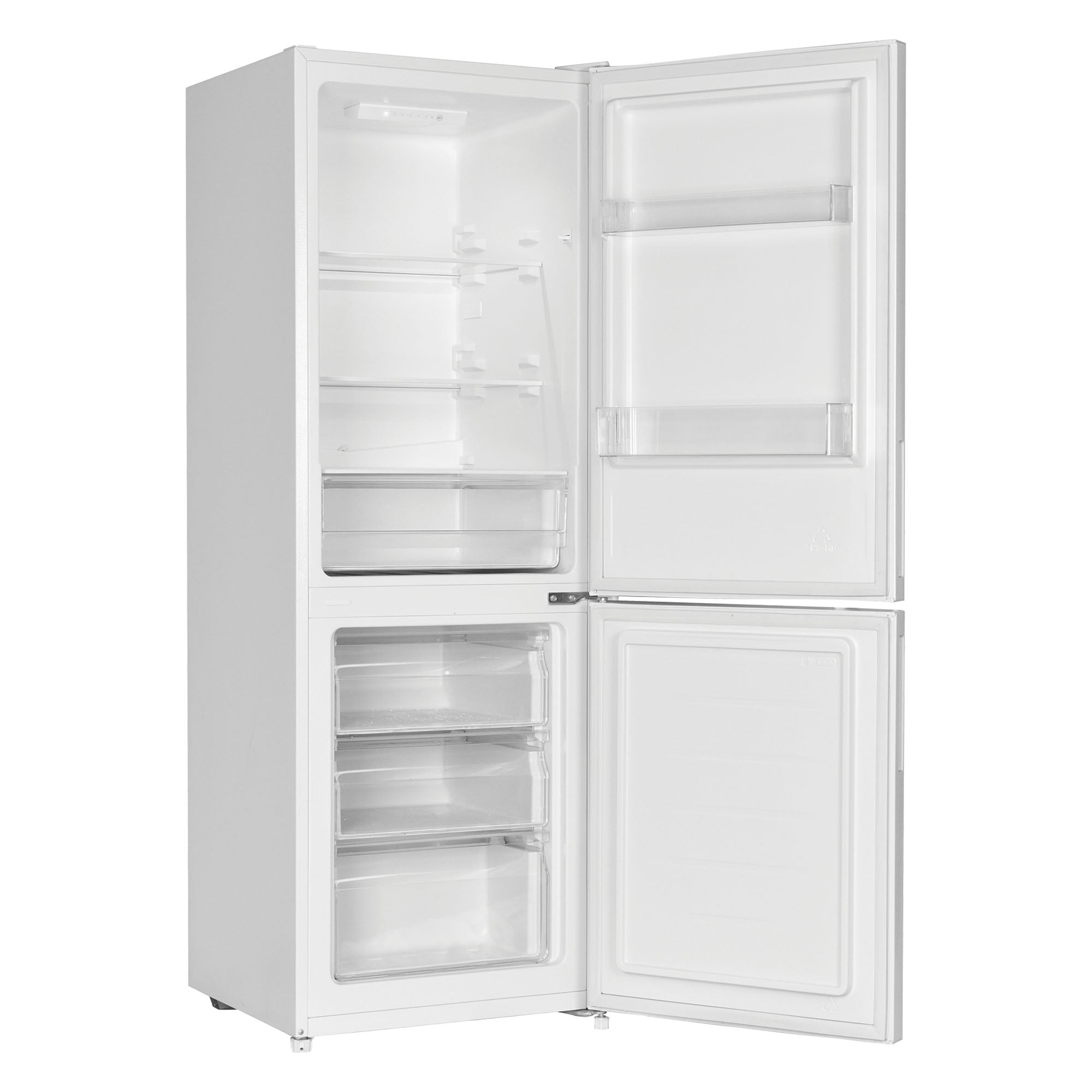 The Statesman v60/40 Low Frost Fridge Freezer from Statesman Appliances is shown in white with its doors open, revealing empty shelves and compartments in both the refrigerator and 4-star freezer sections.