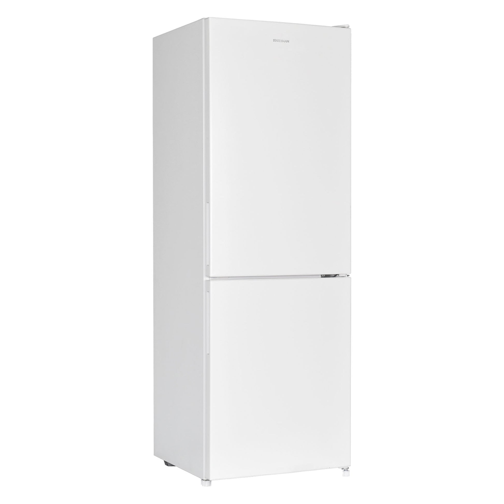 A Statesman v60/40 Low Frost Fridge Freezer by Statesman Appliances, featuring a sleek white finish, two doors with the generous refrigerator compartment on top and a 4-star rated freezer below, is shown standing upright against a plain white background.
