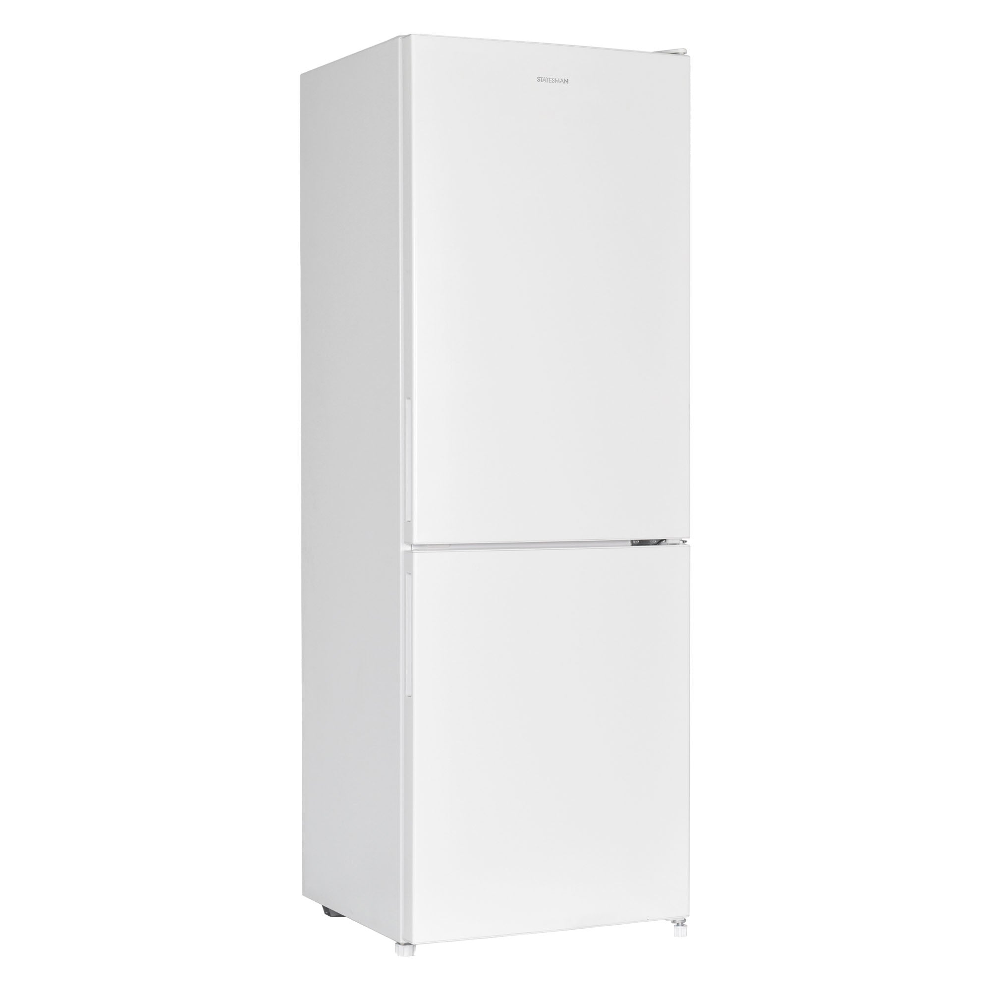 A Statesman v60/40 Low Frost Fridge Freezer by Statesman Appliances, featuring a sleek white finish, two doors with the generous refrigerator compartment on top and a 4-star rated freezer below, is shown standing upright against a plain white background.