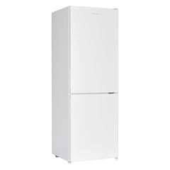 A Statesman v60/40 Low Frost Fridge Freezer by Statesman Appliances, featuring a sleek white finish, two doors with the generous refrigerator compartment on top and a 4-star rated freezer below, is shown standing upright against a plain white background.