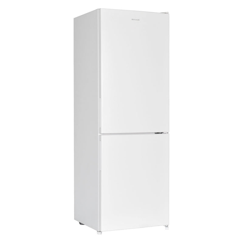 A Statesman v60/40 Low Frost Fridge Freezer by Statesman Appliances, featuring a sleek white finish, two doors with the generous refrigerator compartment on top and a 4-star rated freezer below, is shown standing upright against a plain white background.