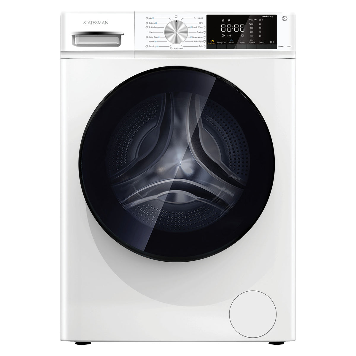 White Statesman 10KG/6KG Washer Dryer with a black circular door and a digital control panel for quick wash cycles.