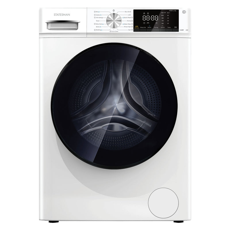 White Statesman 10KG/6KG Washer Dryer with a black circular door and a digital control panel for quick wash cycles.