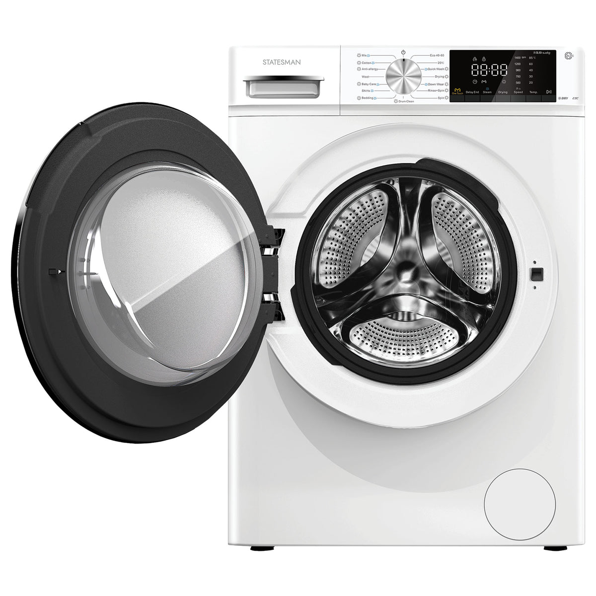 Statesman 10KG/6KG Washer Dryer in white, shown with its circular front-loading door open to reveal the metallic drum.