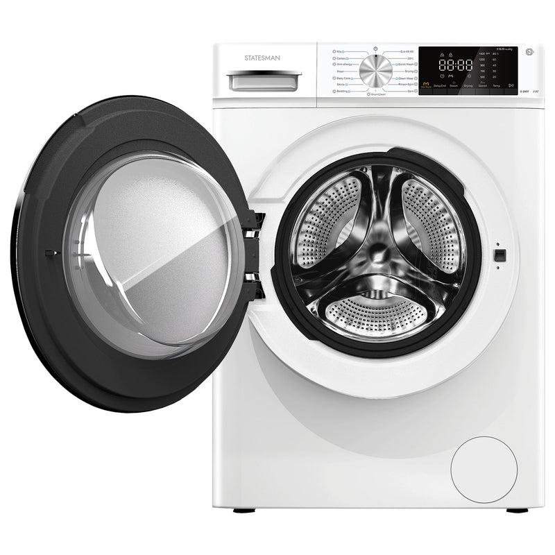 Statesman 10KG/6KG Washer Dryer in white, shown with its circular front-loading door open to reveal the metallic drum.