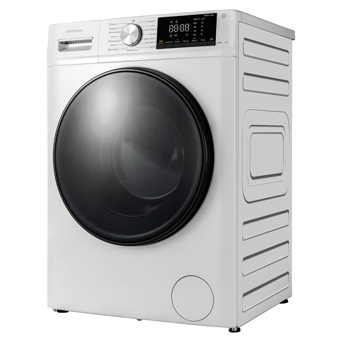 Statesman 10KG/6KG Washer Dryer in white, featuring a front-loading design, large black glass door, and a digital control panel with quick wash settings.