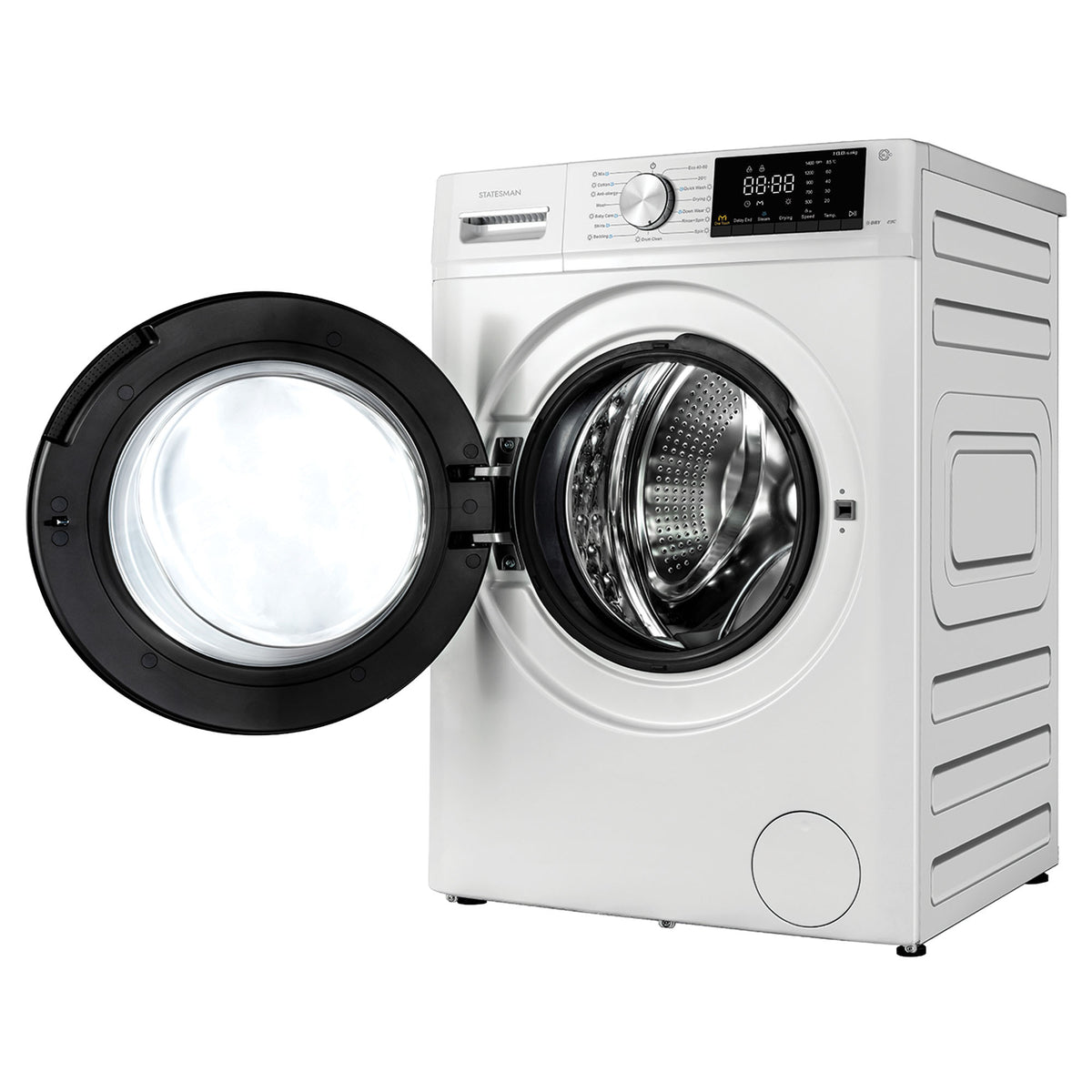 Statesman 10KG/6KG Washer Dryer in white with an open circular door, digital display, cycle selection dial, and visible metal drum.