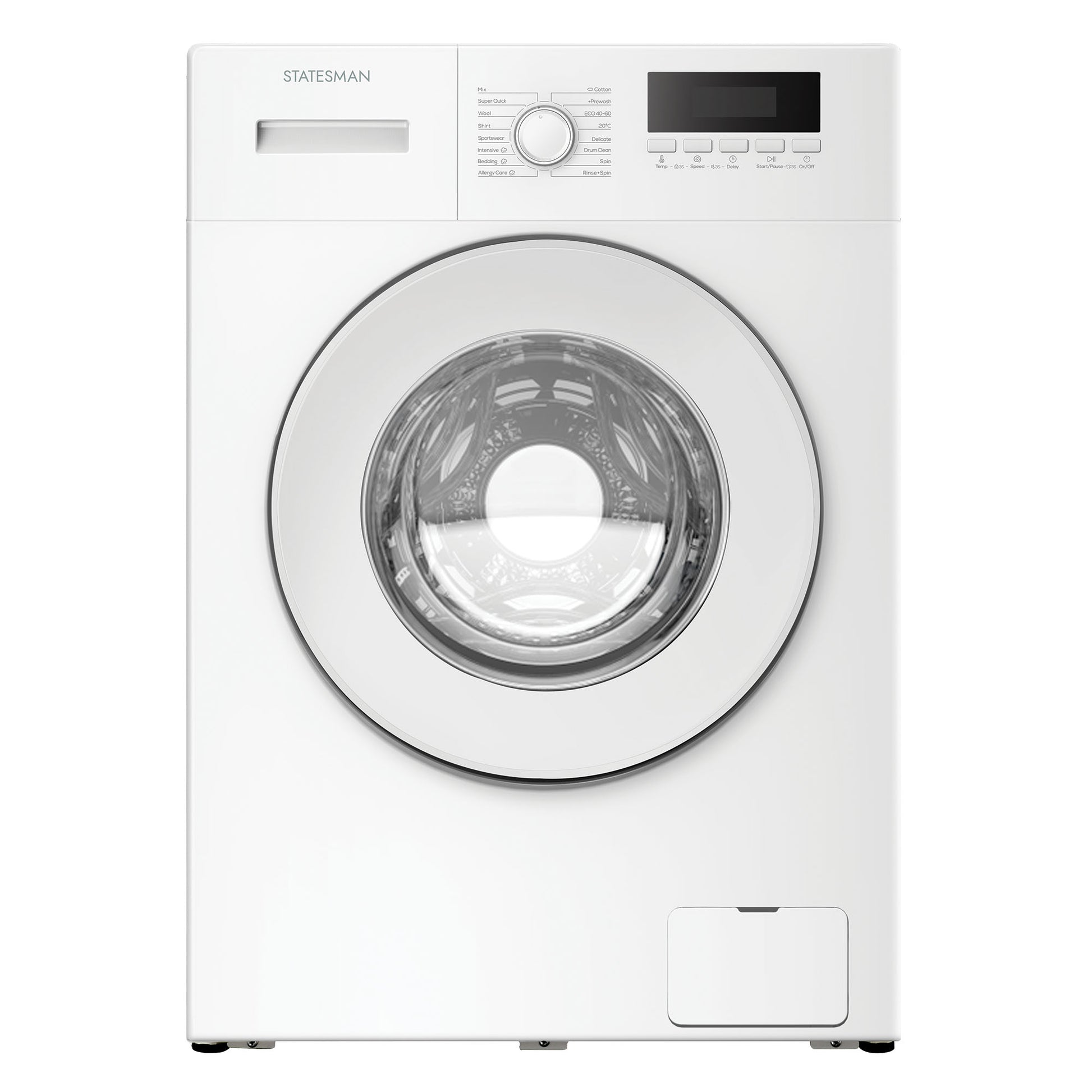 Front view of the Statesman Freestanding Washing Machine (model FWM11014W) in white, featuring a round glass door, control knob, digital display, and buttons above the door; this 1400rpm, 1950W appliance offers a 10kg load capacity and is energy efficient.