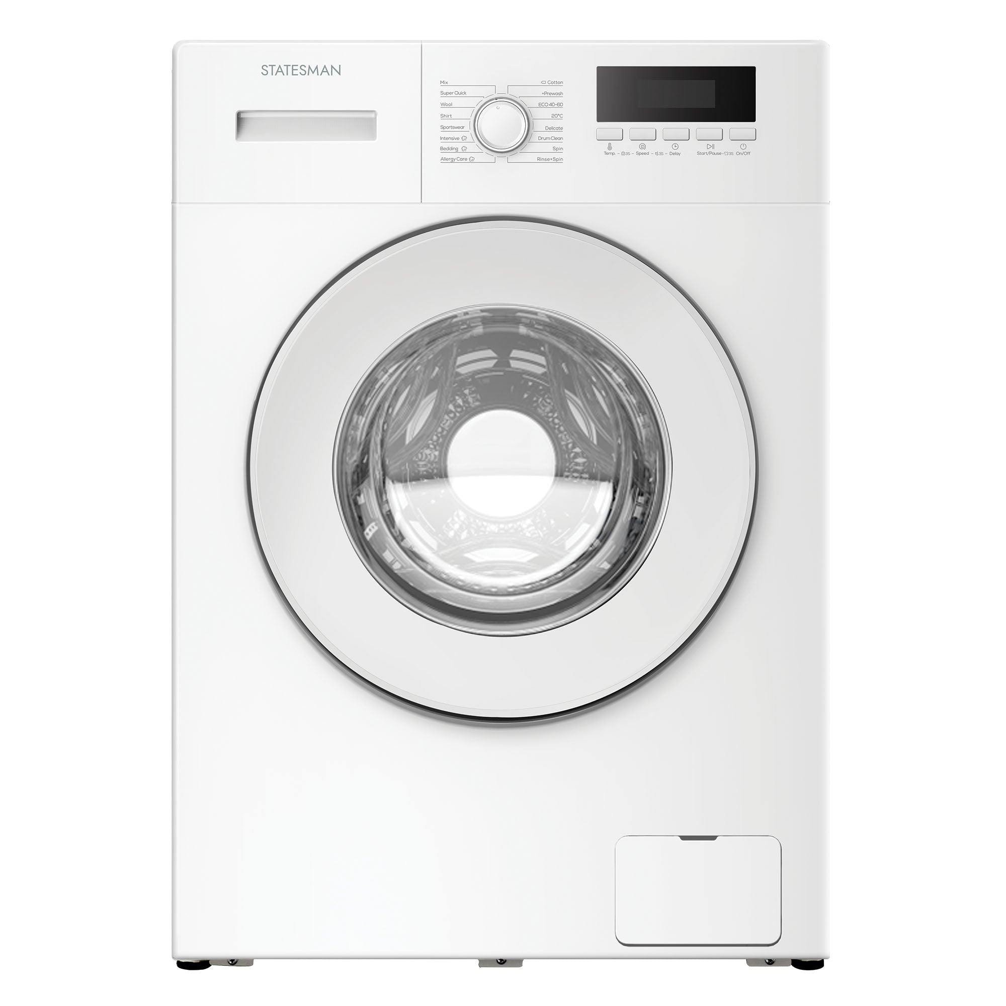 A front view of the Statesman Freestanding Washing Machine (FWM01014W), white, 10kg load, with a round door, control knob, display screen, and labeled buttons at the top. Brand logo shown on the upper left.