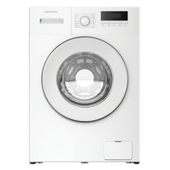 Front view of the Statesman Freestanding Washing Machine (model FWM11014W) in white, featuring a round glass door, control knob, digital display, and buttons above the door; this 1400rpm, 1950W appliance offers a 10kg load capacity and is energy efficient.