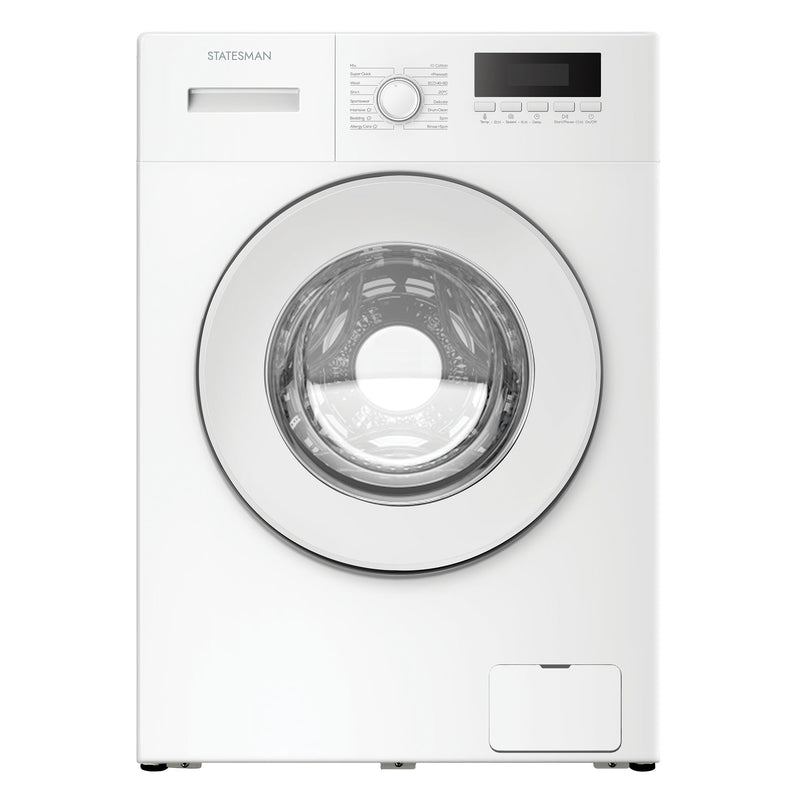 Front view of the Statesman Freestanding Washing Machine (model FWM11014W) in white, featuring a round glass door, control knob, digital display, and buttons above the door; this 1400rpm, 1950W appliance offers a 10kg load capacity and is energy efficient.