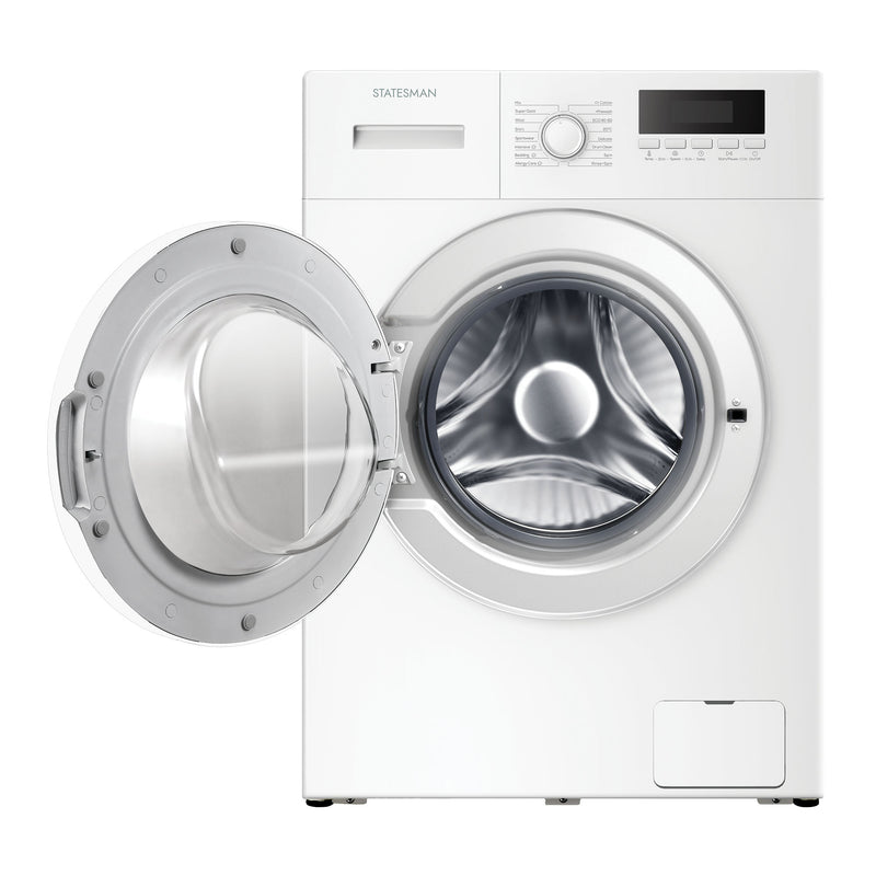 A front-loading white Statesman Freestanding Washing Machine (model FWM11014W) with a 10kg load capacity is shown with the door open, revealing the stainless steel drum inside. The control panel, featuring buttons and a knob, is located on the upper right of this energy-efficient 1400rpm washing machine.