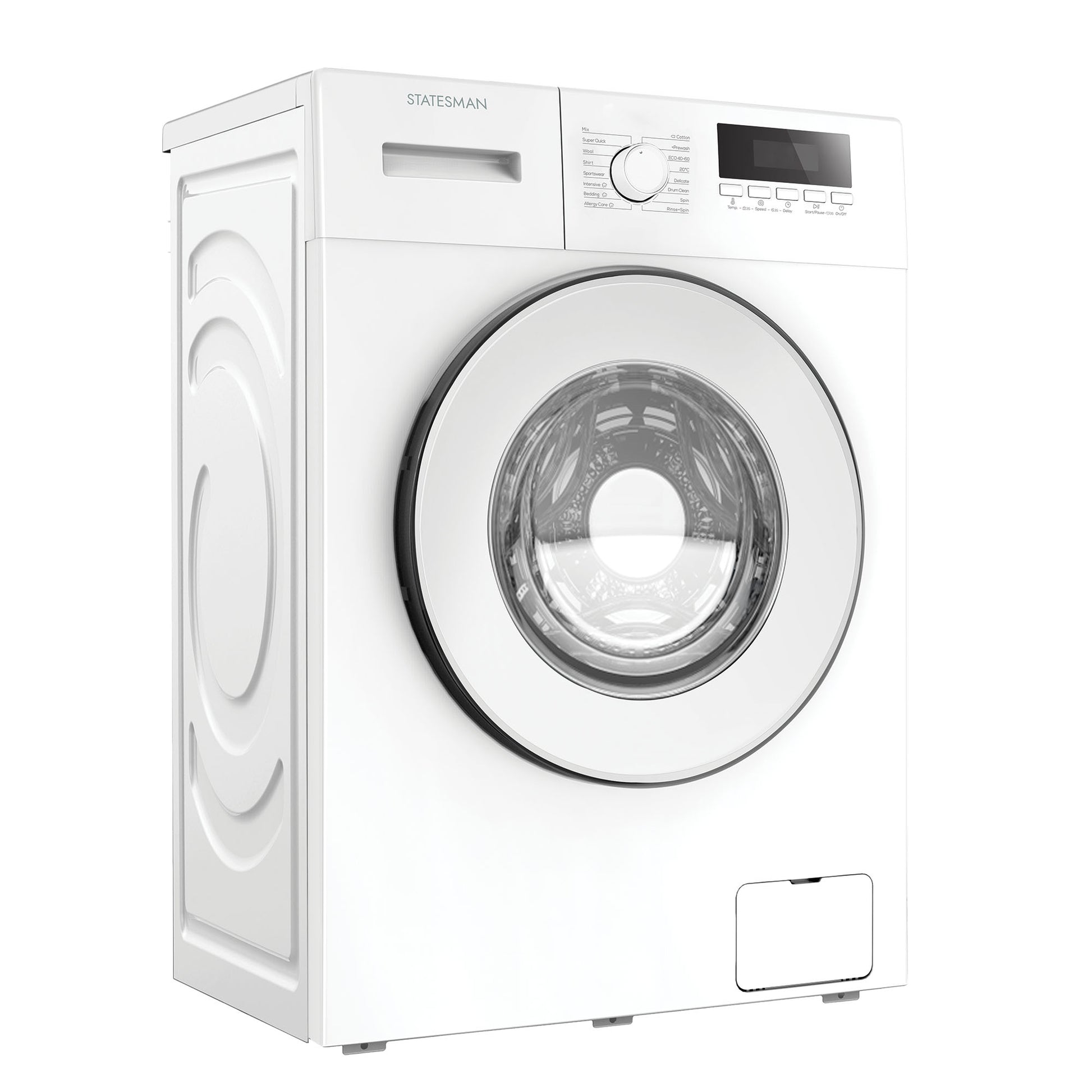 A white Statesman Freestanding Washing Machine (model FWM11014W) with a 10kg load capacity, 1400rpm spin speed, and a 1950W motor, featuring a round glass door, top front control dial, and digital display panel.