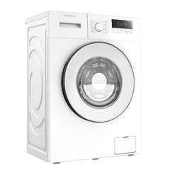 A white Statesman Freestanding Washing Machine (model FWM11014W) with a 10kg load capacity, 1400rpm spin speed, and a 1950W motor, featuring a round glass door, top front control dial, and digital display panel.