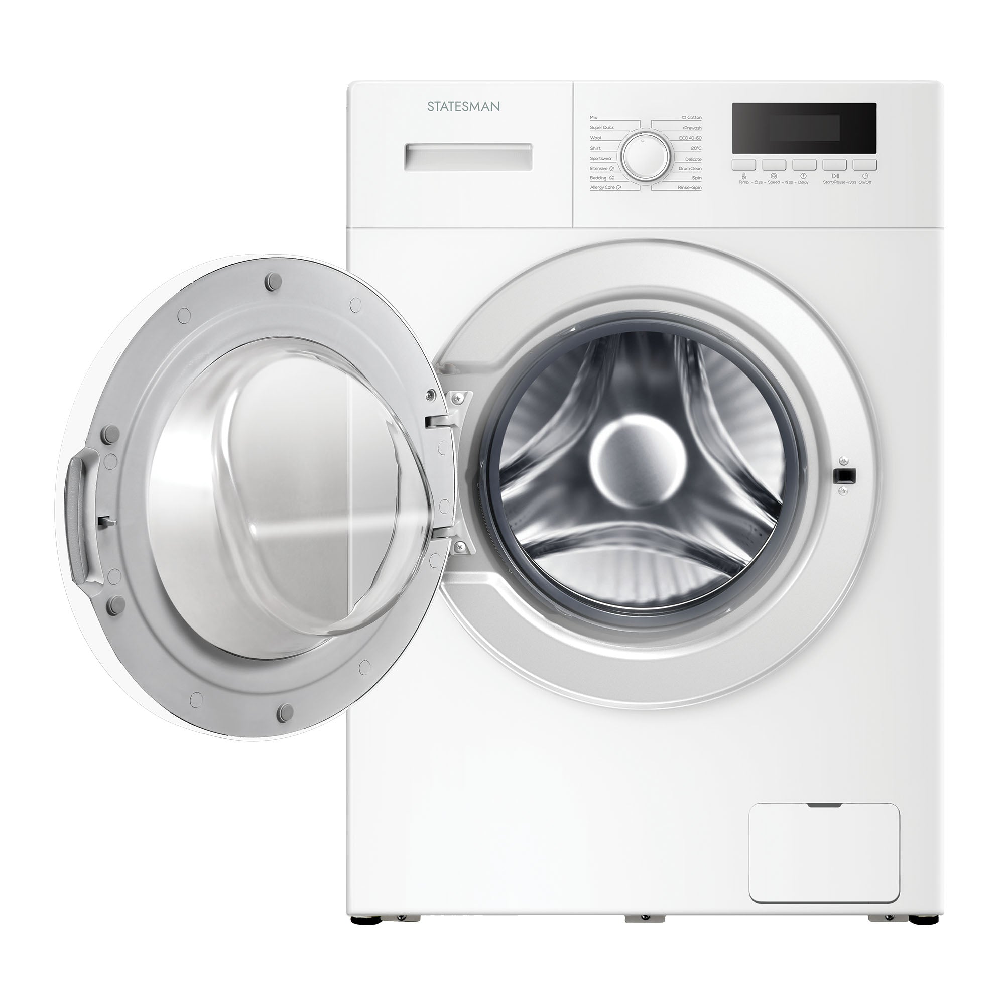 The Statesman Freestanding Washing Machine FWM0814W in white features an 8kg load capacity, a front-loading design with a circular door, an efficient 1400rpm spin speed, and user-friendly control panel.