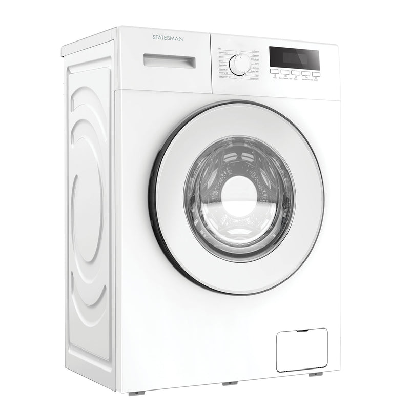 The Statesman Freestanding Washing Machine (FWM0814W) in white features an 8kg load capacity, 1400rpm spin speed, 1900W power, a round glass door, top front controls, and energy efficient performance. Brand name is above the detergent drawer.