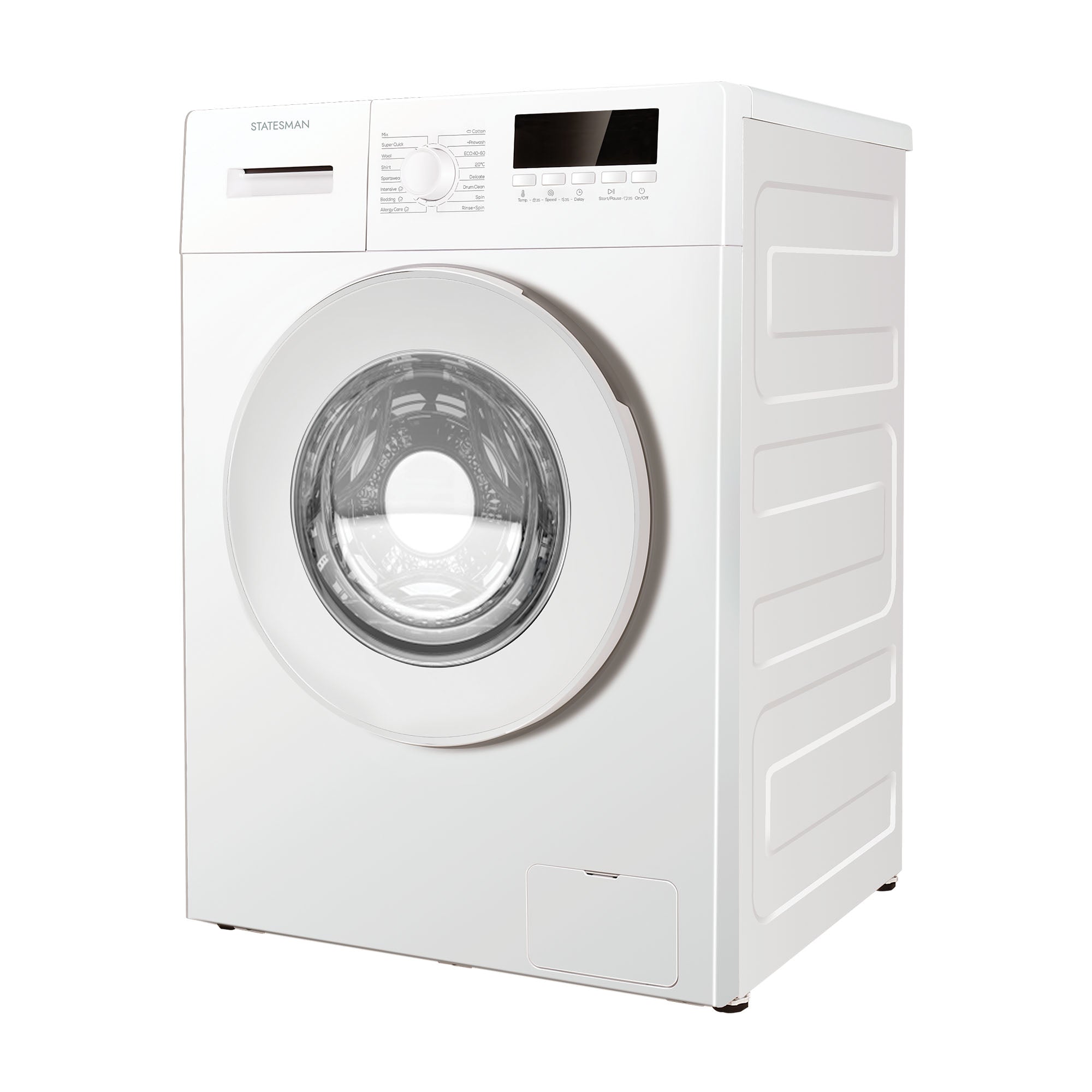 A white Statesman Freestanding Washing Machine (FWM0814W) with an 8kg load, 1400rpm spin speed, and control panel with buttons and knob stands on a plain white background.