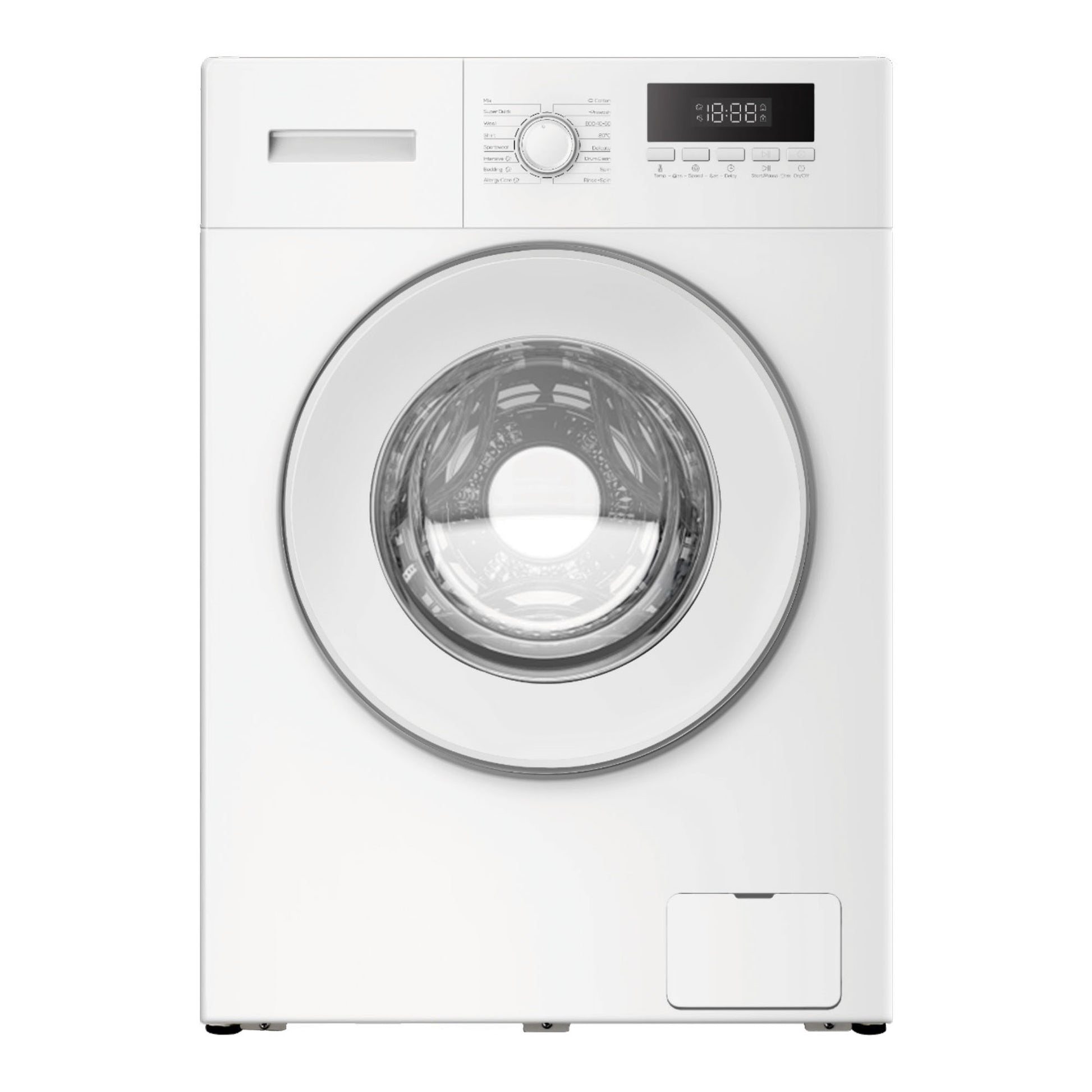 White front-loading washing machine on a white background