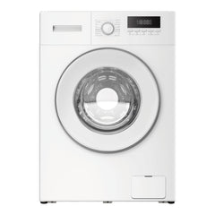 White front-loading washing machine on a white background